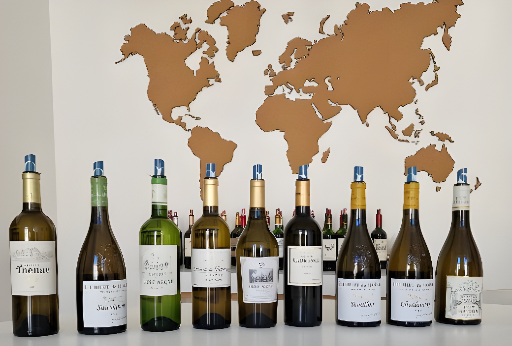 8 boutelles de vins blancs prêtes à être dégustées. table blanche et mur blanc avec un décor représentant le monde