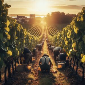 des vendangeurs dans un rang de vigne sou sle soleil. bonne récolte.