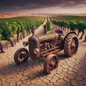 image IA vignes souffrant de secheresse avec tracteur style art deco . le sol est tout craquelé